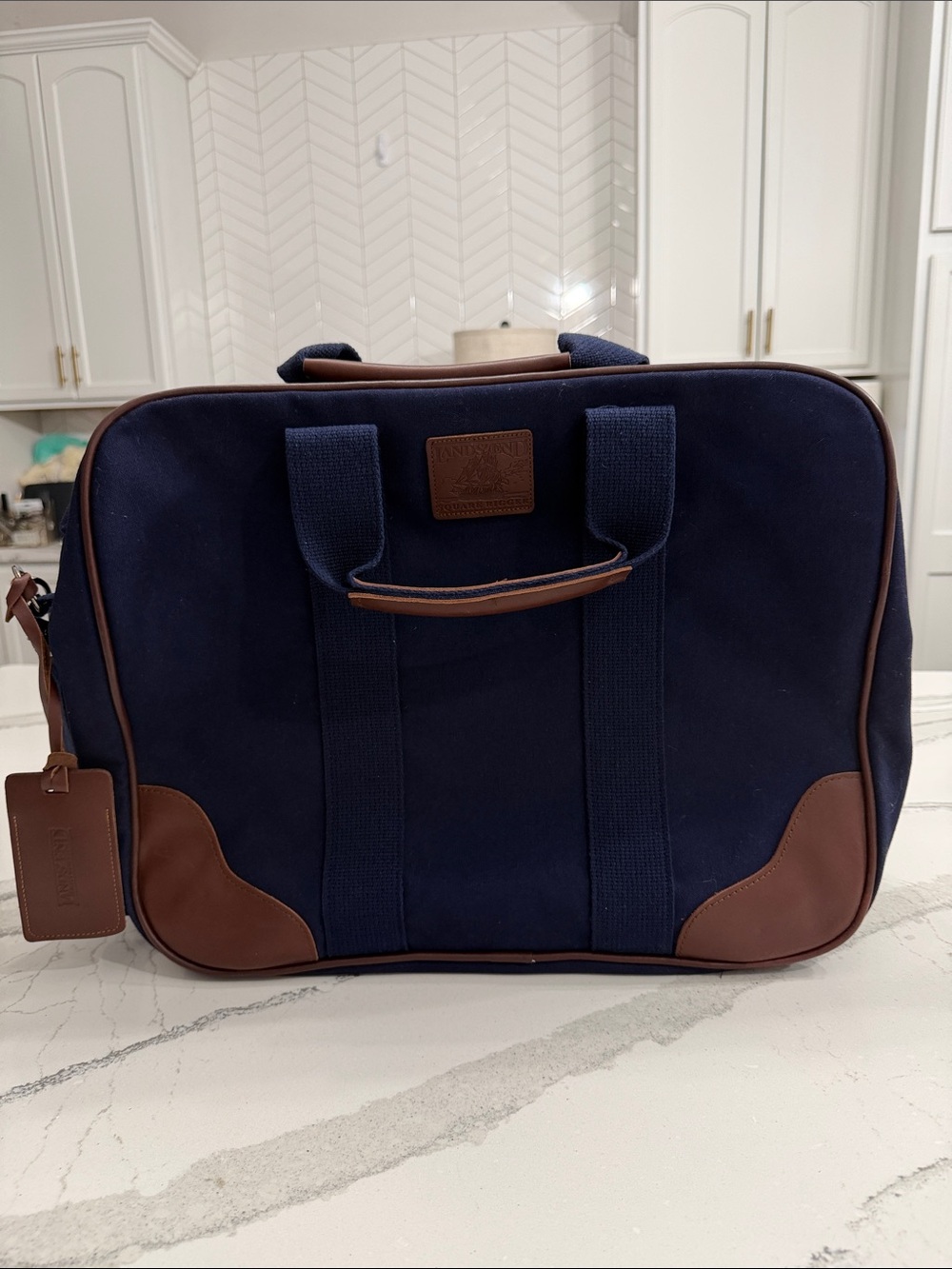 Vintage Lands’ End Navy Canvas & Leather Travel Bag Carry-On Weekender
